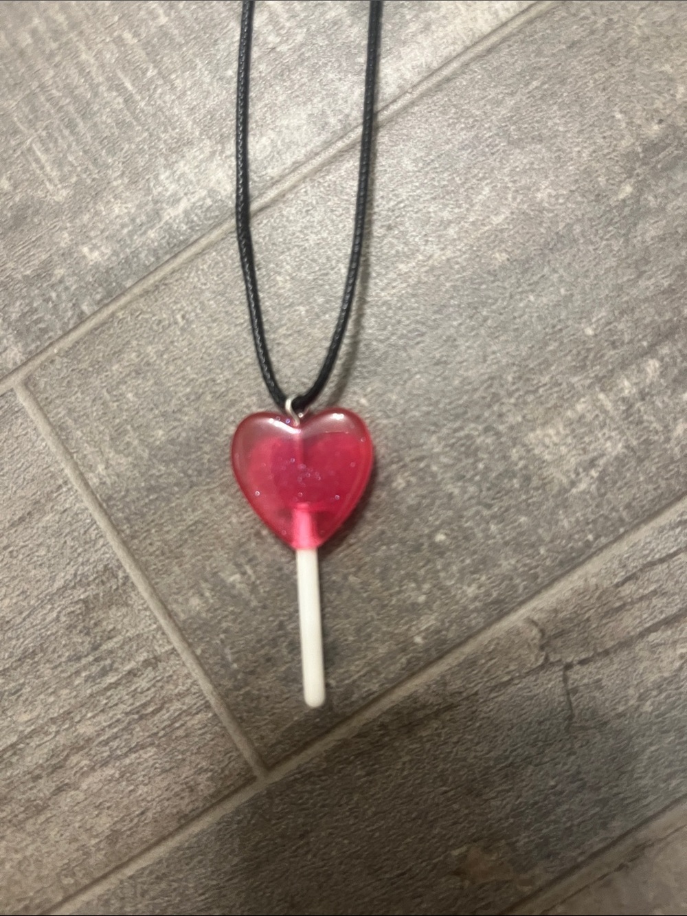 Pink Heart Lollipop Pendant Necklace on Black Cord